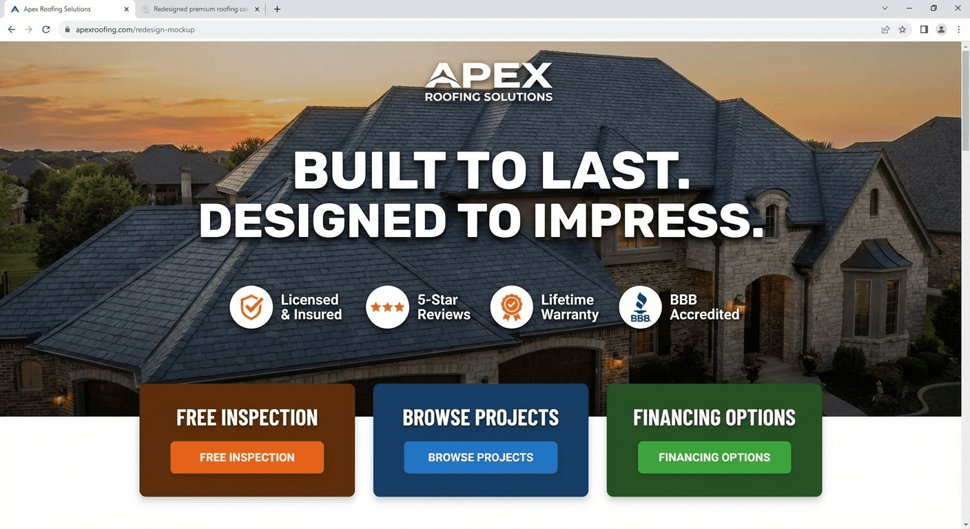 Preview of a modern, conversion-focused roofing website built by RoofRainmaker
