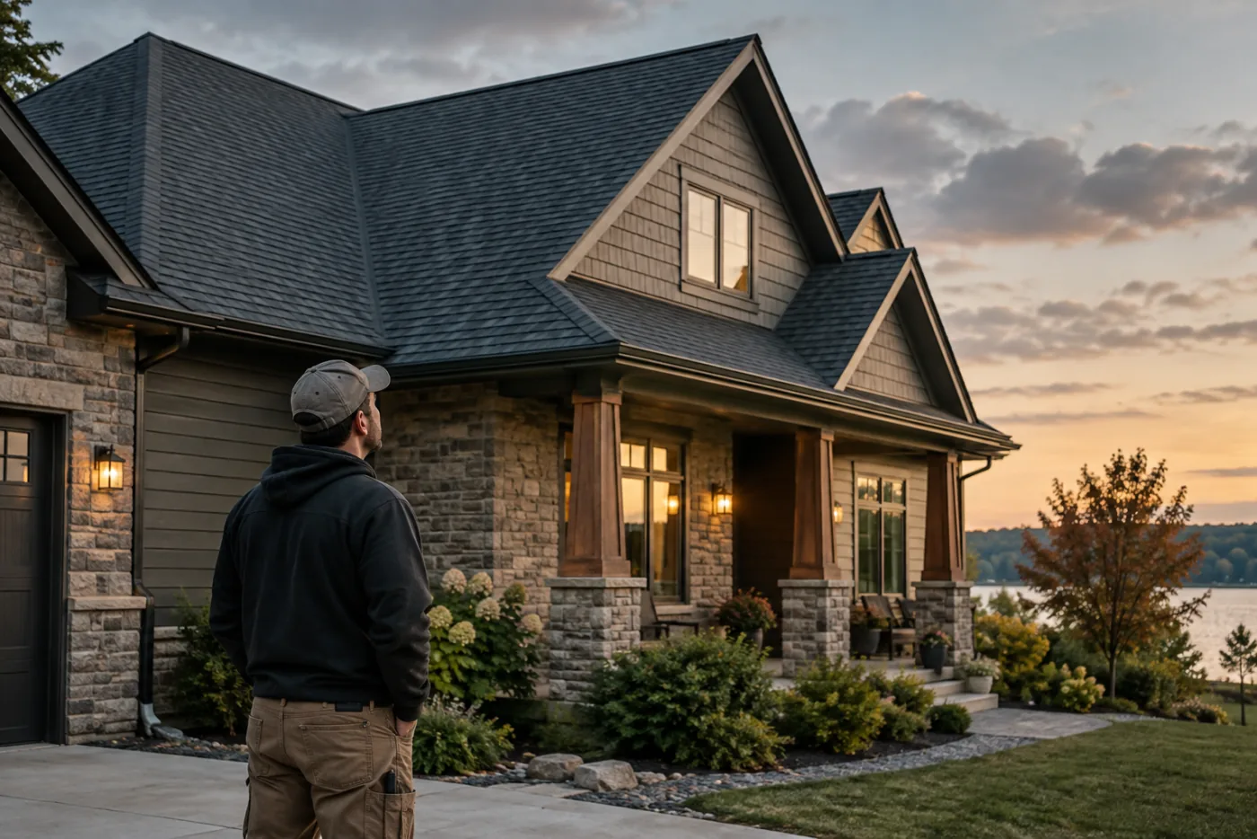 Contractor looking toward the roof of a residential home at dusk